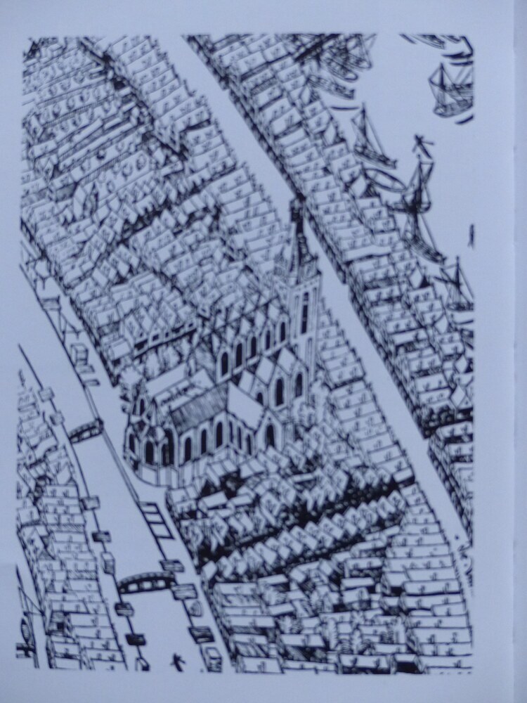 Woodcut with Plan of Amsterdam Featuring the Oude Kerk
