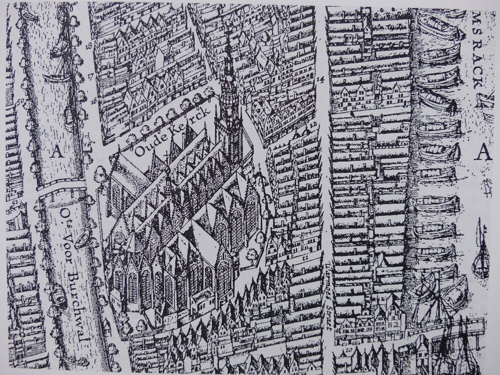 Vogelvluchtkaart van Amsterdam met de Oude Kerk