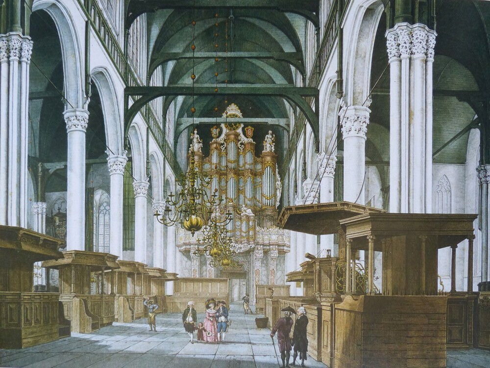 Ingekleurde tekening van het schip richting orgel