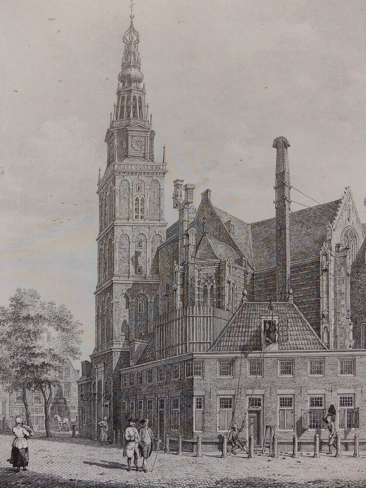 Aquarel van de westzijde van de kerk met de toren