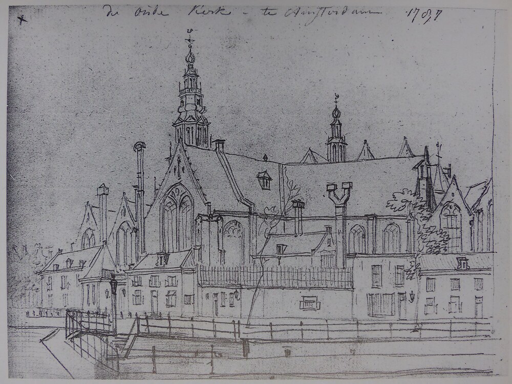 Tekening van de Oude Kerk vanaf de oudezijds Voorburgwal