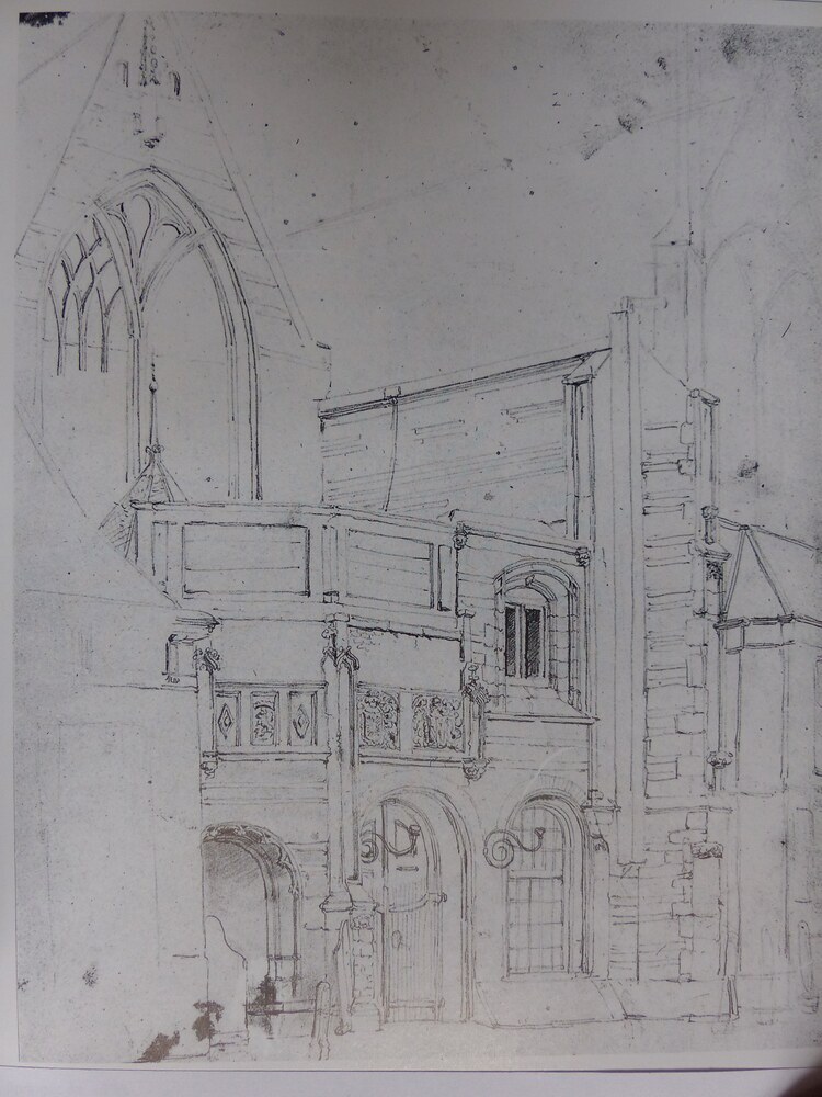 Tekening van het zuiderportaal van de Oude Kerk