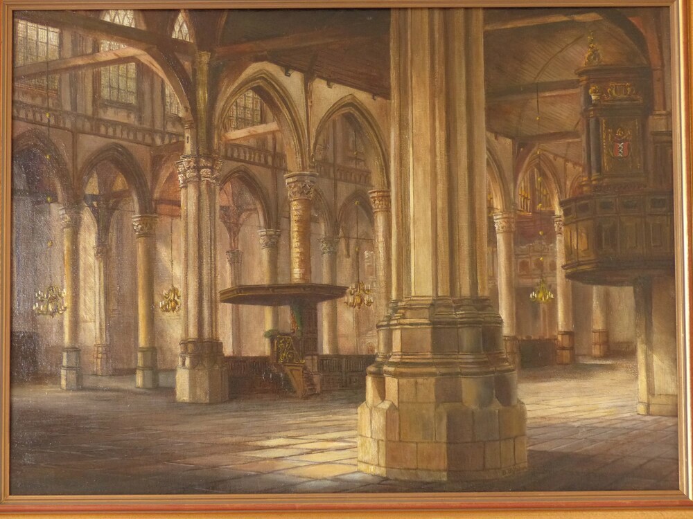 Interieur van de Oude Kerk met zicht op het koororgel en de preekstoel